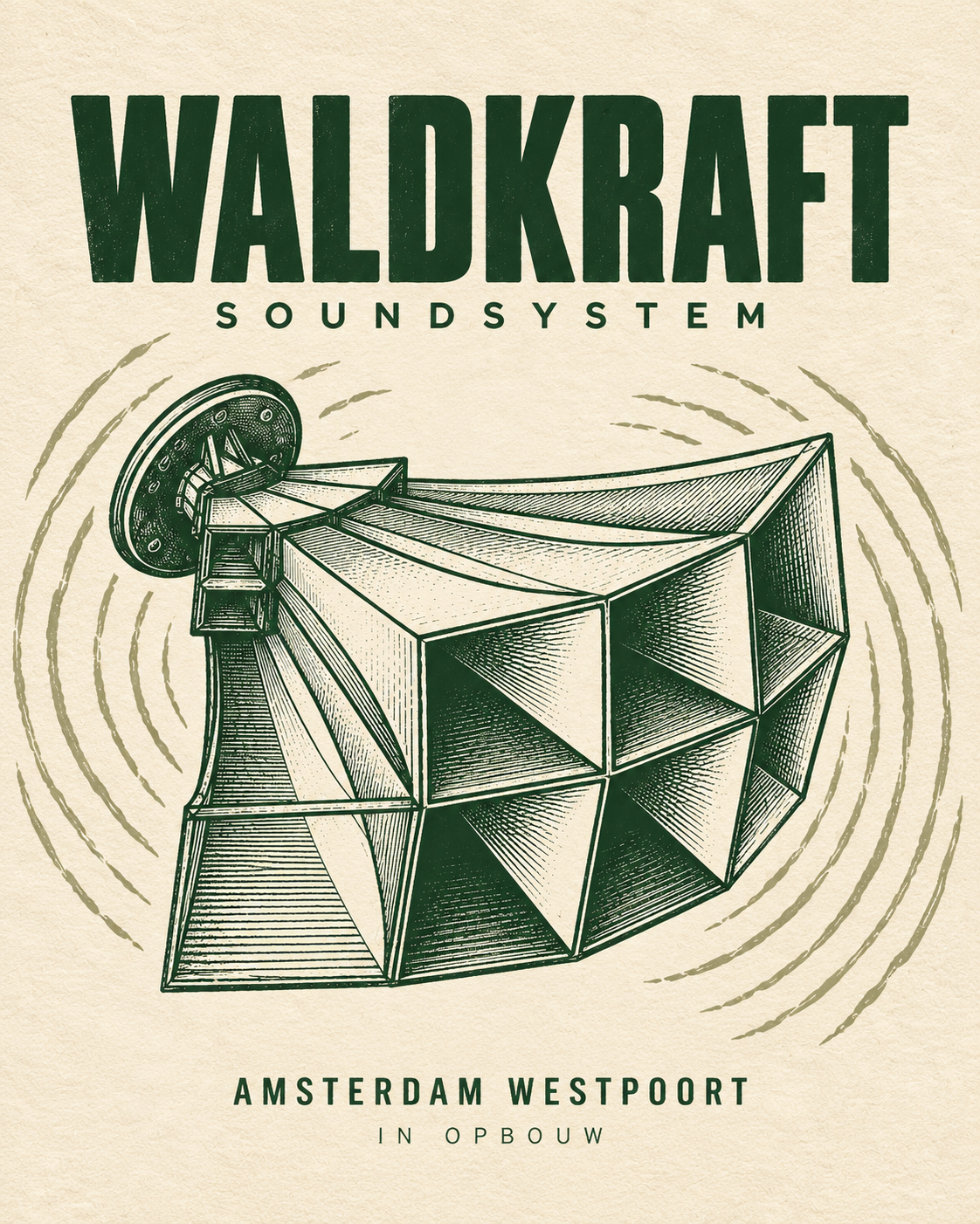Waldkraft Soundsystem: een getekende multicell-hoorn met boomringen als geluidsgolven, in donkergroen op warm papier.